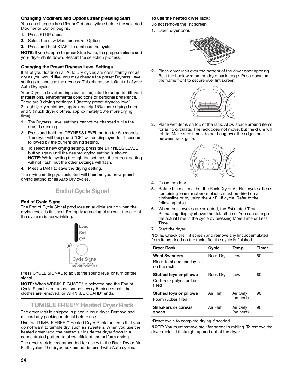 End of cycle signal, Tumble free™ heated dryer rack | Kenmore ELITE HE5 110.8708 User Manual | Page 24 / 56