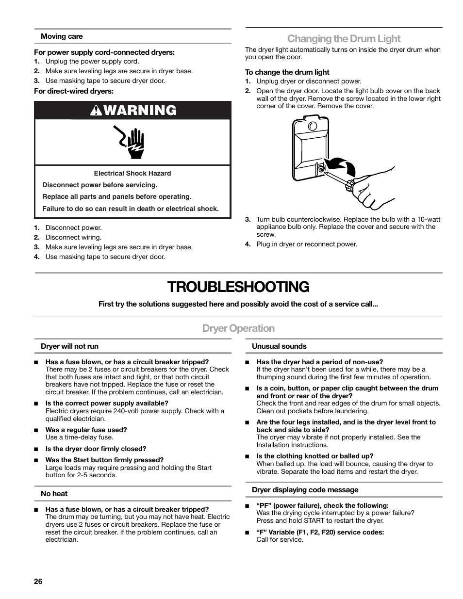 Troubleshooting, Warning, Changing the drum light | Dryer operation | Kenmore ELITE HE5 110.8708 User Manual | Page 26 / 56