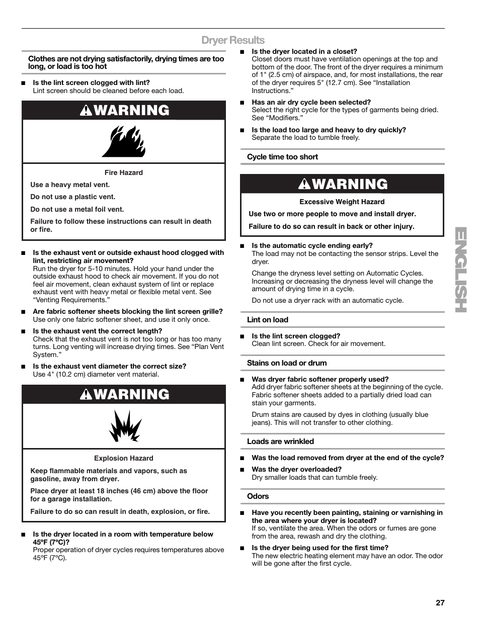 Warning, Dryer results | Kenmore ELITE HE5 110.8708 User Manual | Page 27 / 56