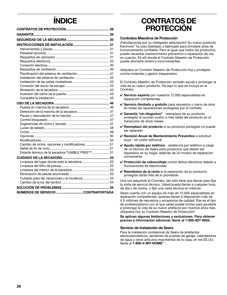 Índice, Contratos de protección | Kenmore ELITE HE5 110.8708 User Manual | Page 28 / 56