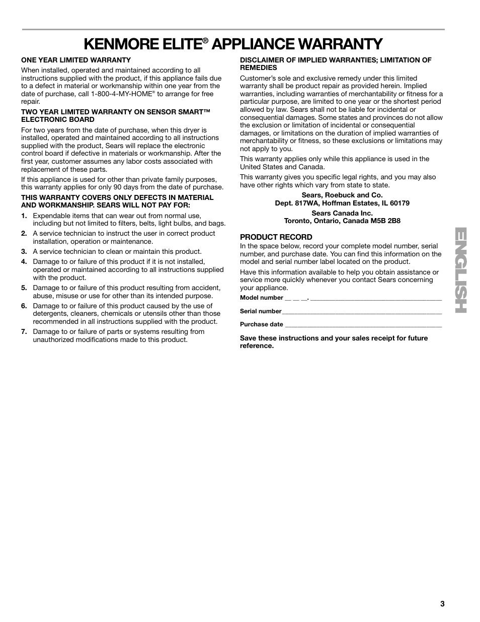 Kenmore elite, Appliance warranty | Kenmore ELITE HE5 110.8708 User Manual | Page 3 / 56