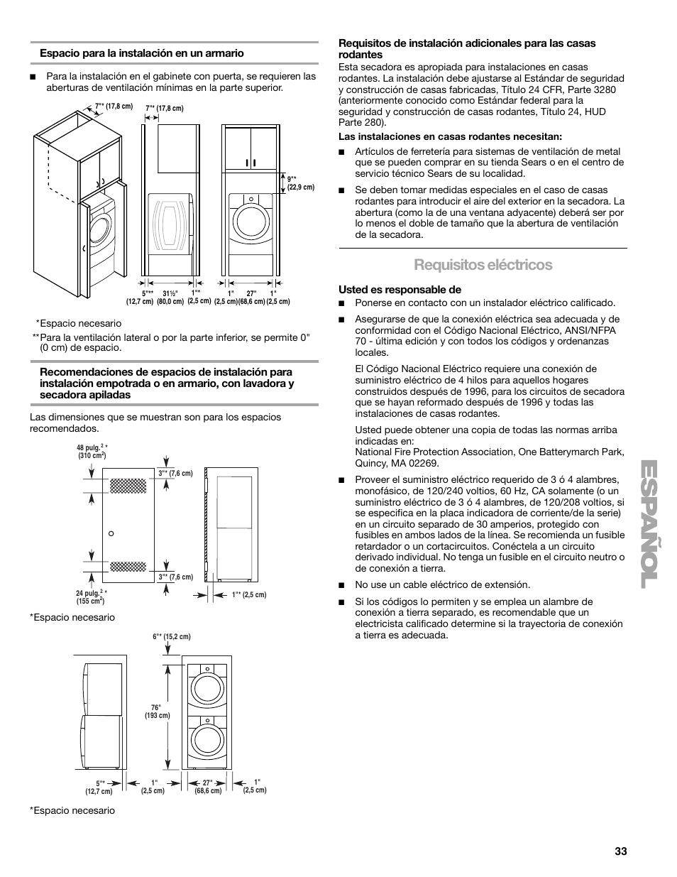 Requisitos eléctricos, 33 espacio para la instalación en un armario, Usted es responsable de | Kenmore ELITE HE5 110.8708 User Manual | Page 33 / 56