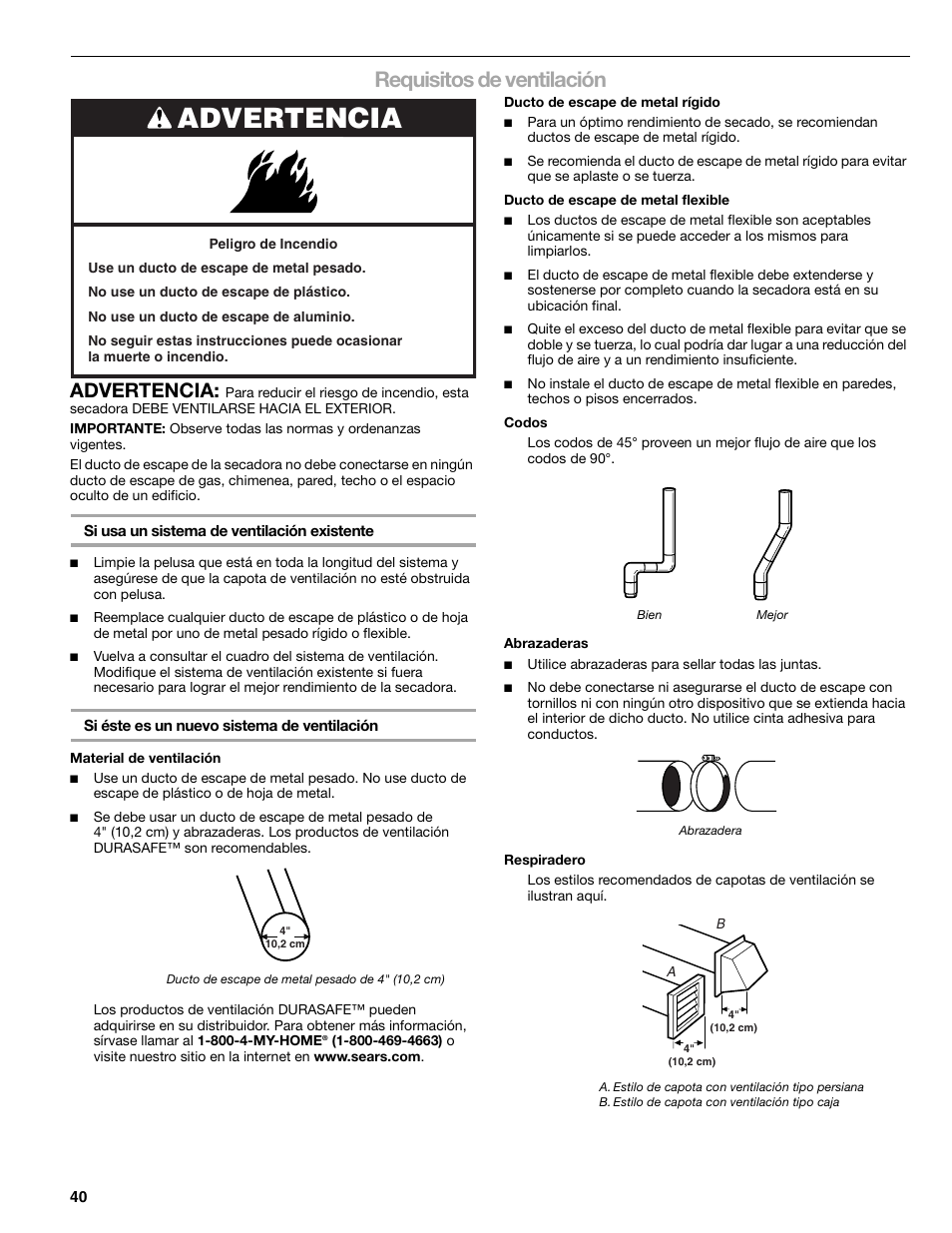 Requisitos de ventilación, Advertencia | Kenmore ELITE HE5 110.8708 User Manual | Page 40 / 56