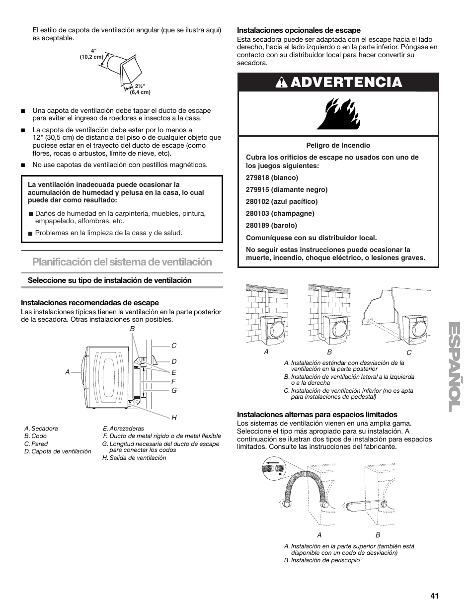 Advertencia, Planificación del sistema de ventilación | Kenmore ELITE HE5 110.8708 User Manual | Page 41 / 56