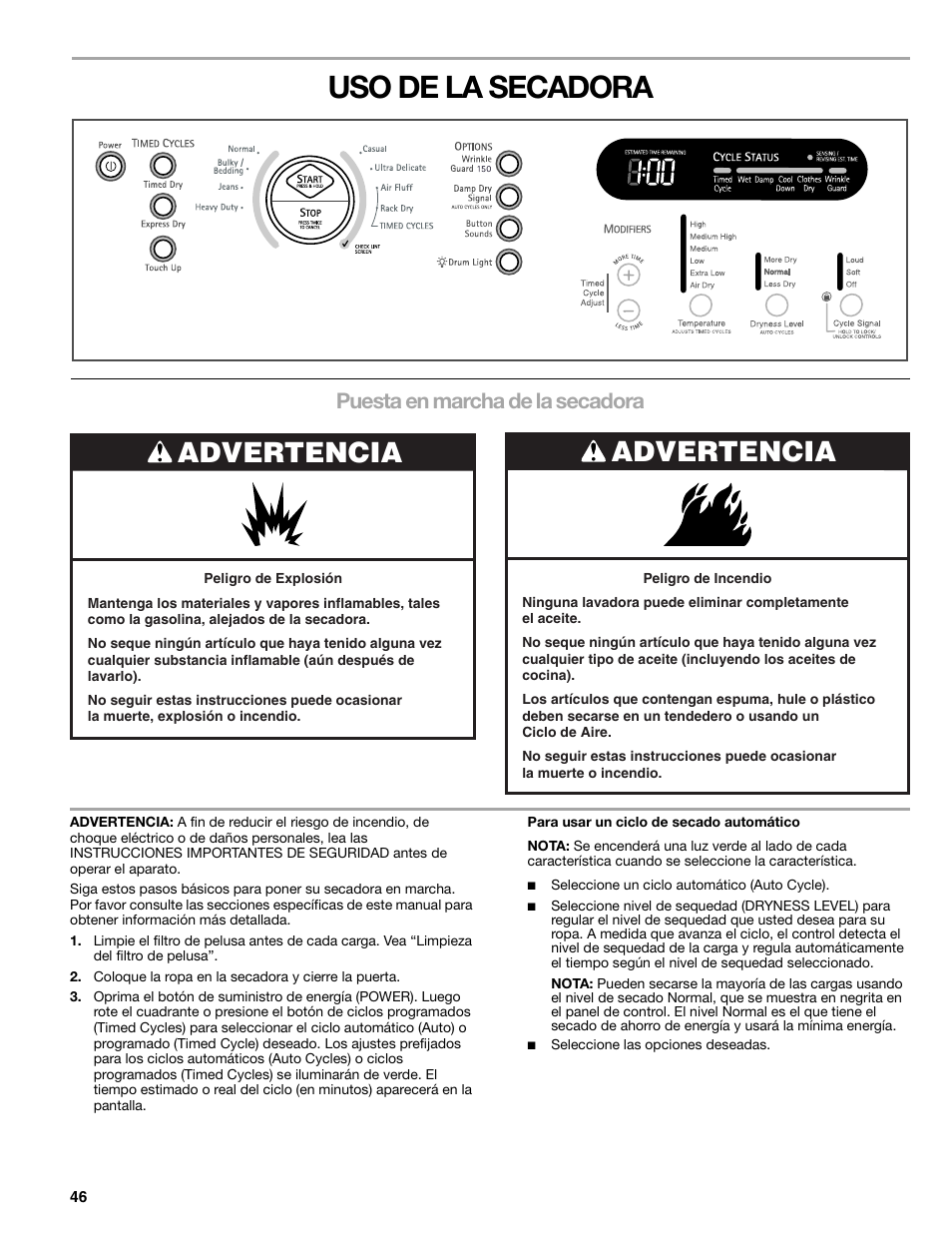 Uso de la secadora, Advertencia, Puesta en marcha de la secadora | Kenmore ELITE HE5 110.8708 User Manual | Page 46 / 56