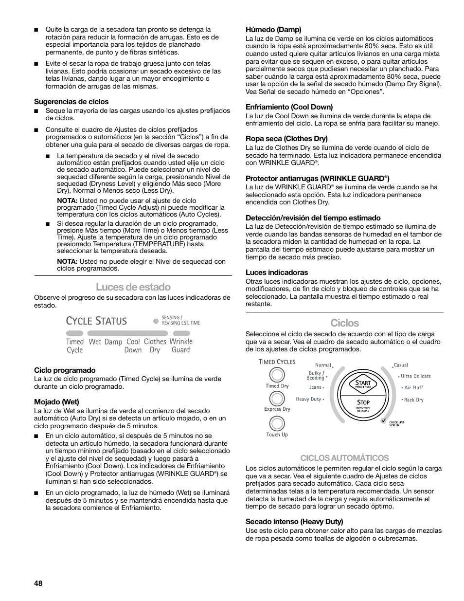 Luces de estado, Ciclos, Ciclos automáticos | Kenmore ELITE HE5 110.8708 User Manual | Page 48 / 56