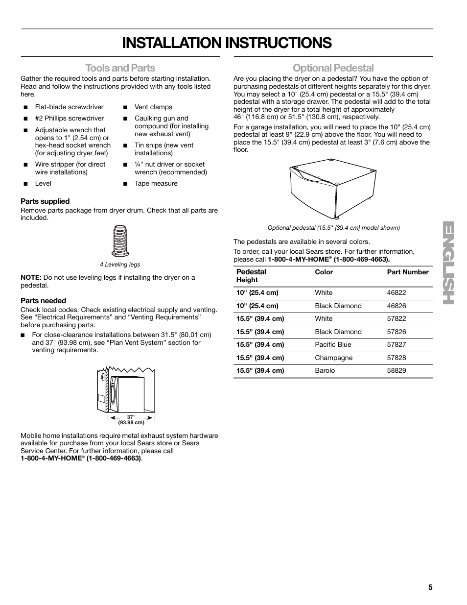 Installation instructions, Tools and parts, Optional pedestal | Kenmore ELITE HE5 110.8708 User Manual | Page 5 / 56