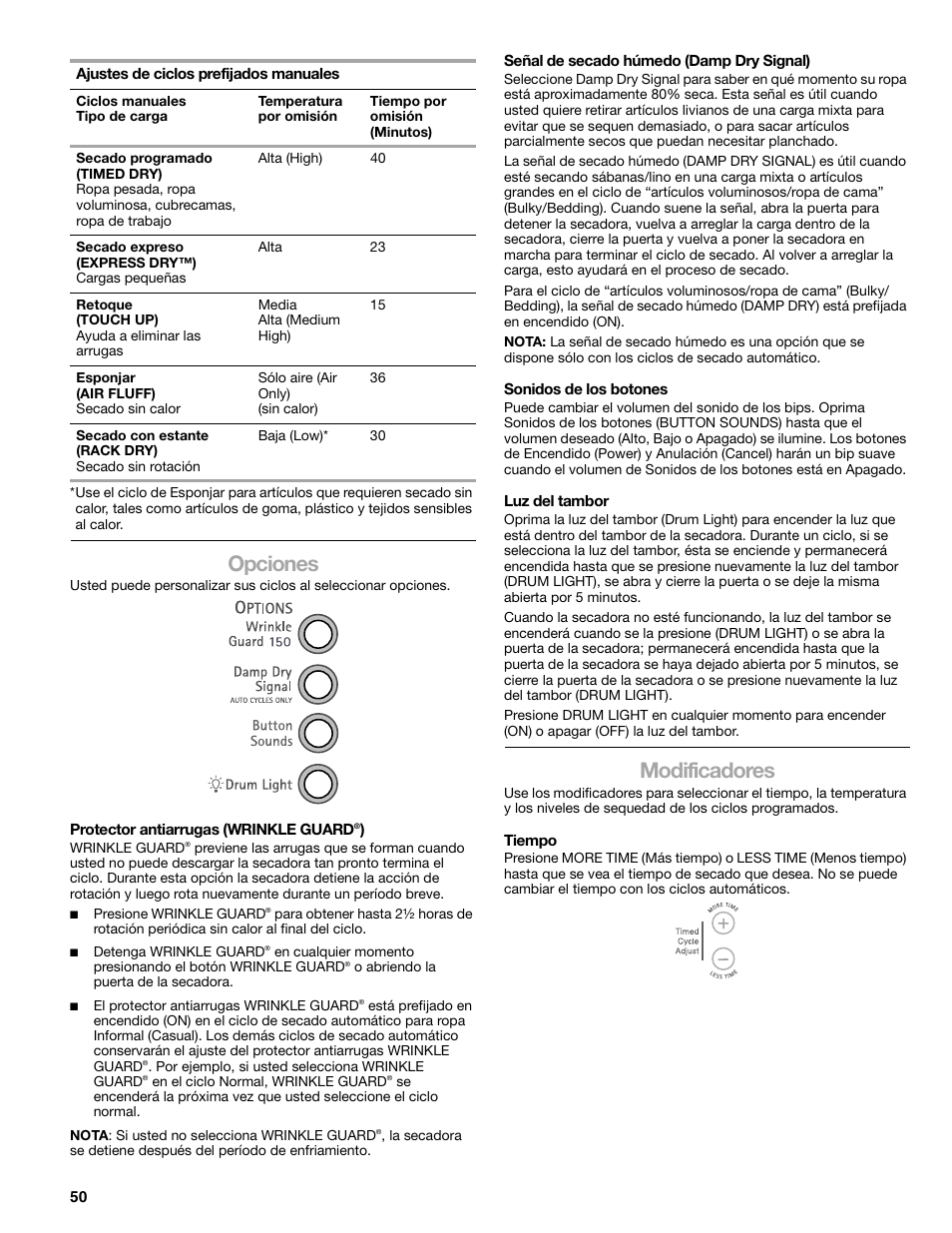 Opciones, Modificadores | Kenmore ELITE HE5 110.8708 User Manual | Page 50 / 56