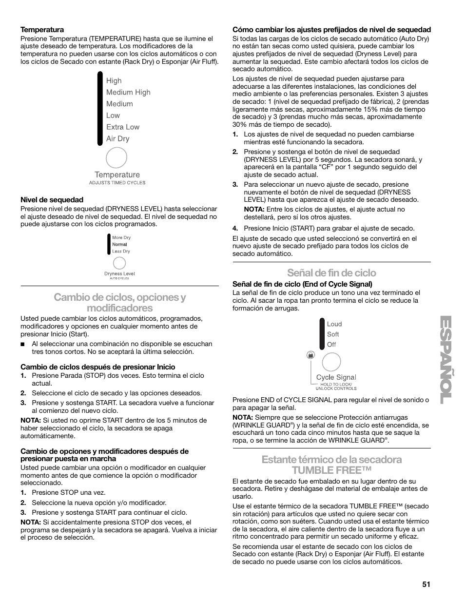 Cambio de ciclos, opciones y modificadores, Señal de fin de ciclo, Estante térmico de la secadora tumble free | Kenmore ELITE HE5 110.8708 User Manual | Page 51 / 56