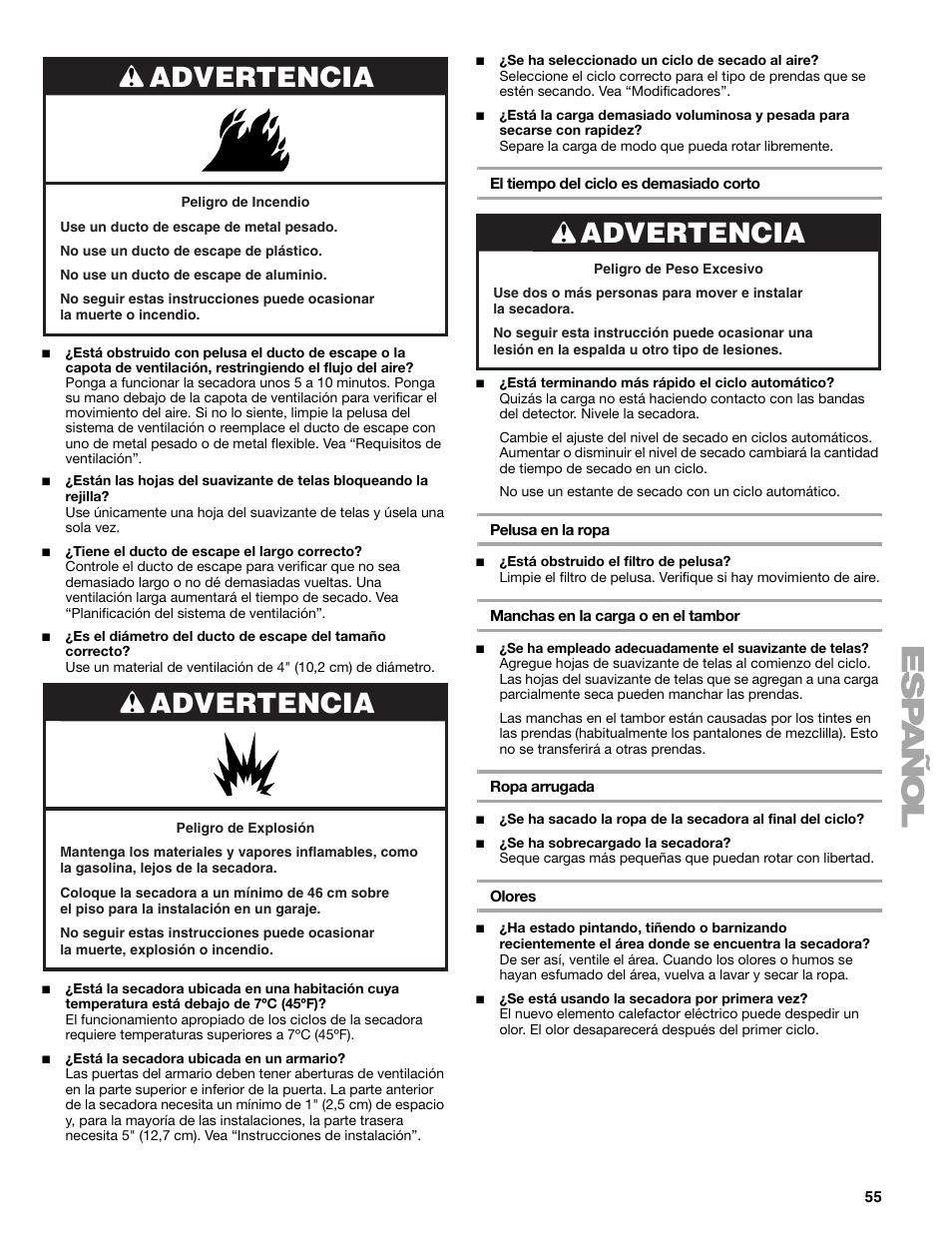 Advertencia | Kenmore ELITE HE5 110.8708 User Manual | Page 55 / 56