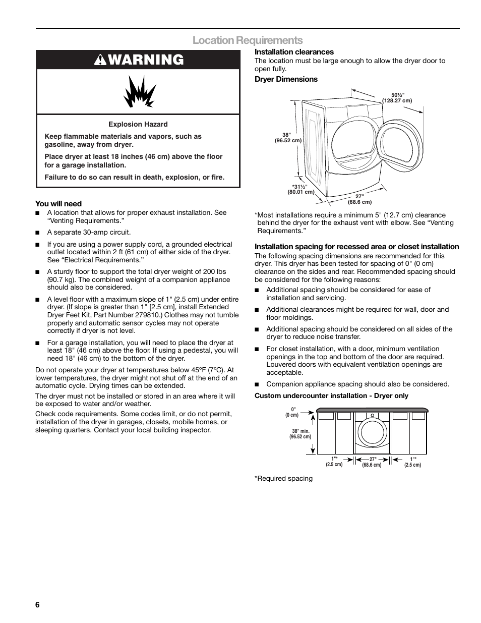Warning, Location requirements | Kenmore ELITE HE5 110.8708 User Manual | Page 6 / 56