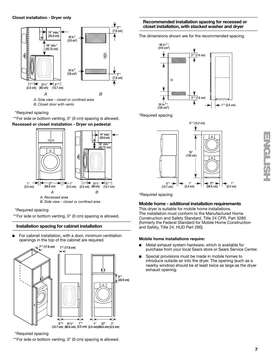 Installation spacing for cabinet installation, Mobile home - additional installation requirements | Kenmore ELITE HE5 110.8708 User Manual | Page 7 / 56