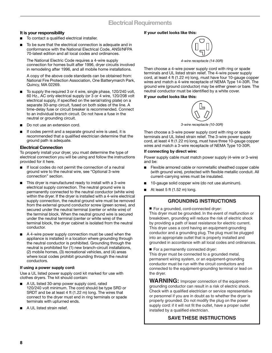 Electrical requirements, Warning, Grounding instructions save these instructions | Kenmore ELITE HE5 110.8708 User Manual | Page 8 / 56