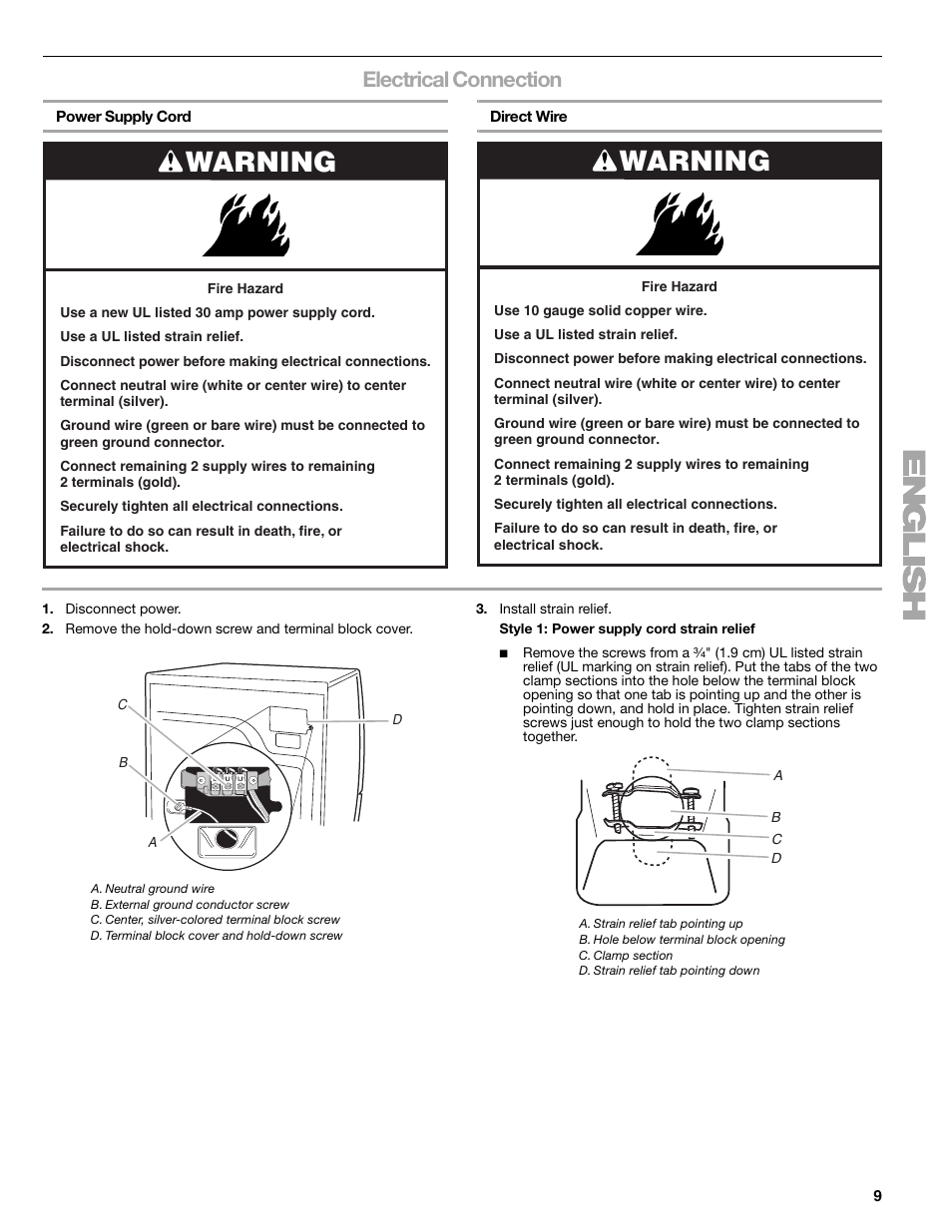 Warning, Electrical connection | Kenmore ELITE HE5 110.8708 User Manual | Page 9 / 56