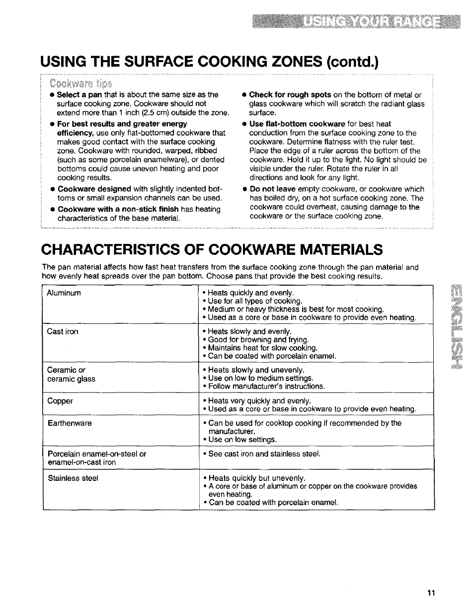 Characteristics of cookware materials, Using the surface cooking zones (contd.) | Kenmore Sens-A-Clean 665.95829 User Manual | Page 11 / 50