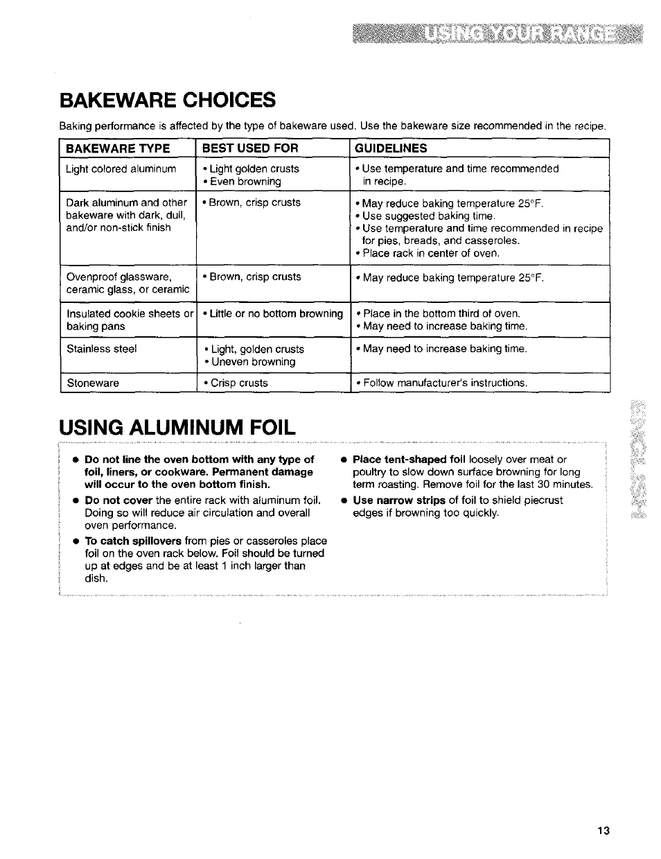 Using aluminum foil, Bakeware choices | Kenmore Sens-A-Clean 665.95829 User Manual | Page 13 / 50