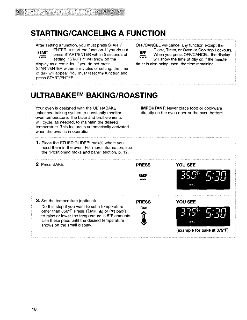 Starting/canceling a function, Ultrabake™ baking/roasting, Press | Kenmore Sens-A-Clean 665.95829 User Manual | Page 18 / 50