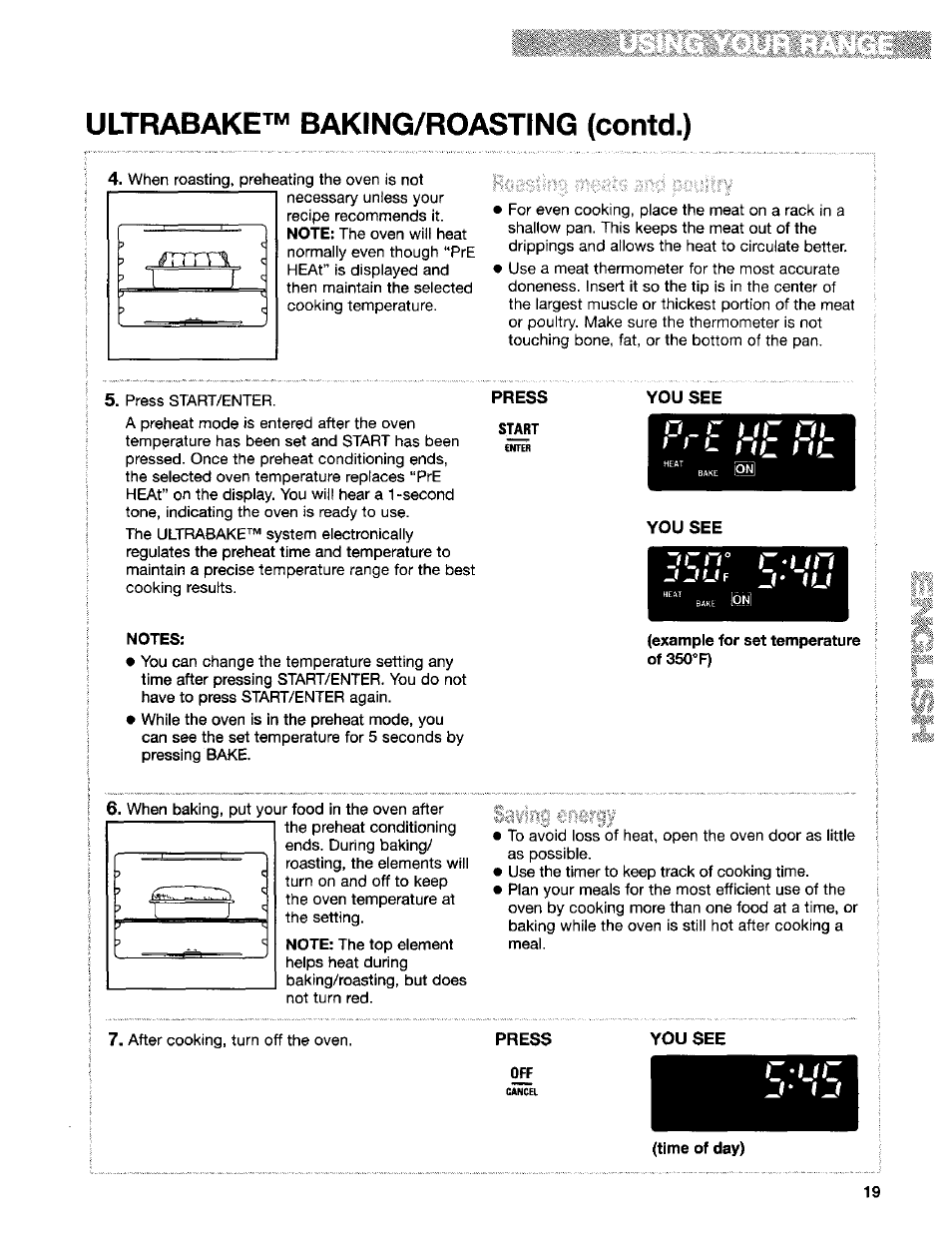 Ultrabake™ baking/roasting (contd.), Notes, Press | You see, R-uc, Time of day) | Kenmore Sens-A-Clean 665.95829 User Manual | Page 19 / 50