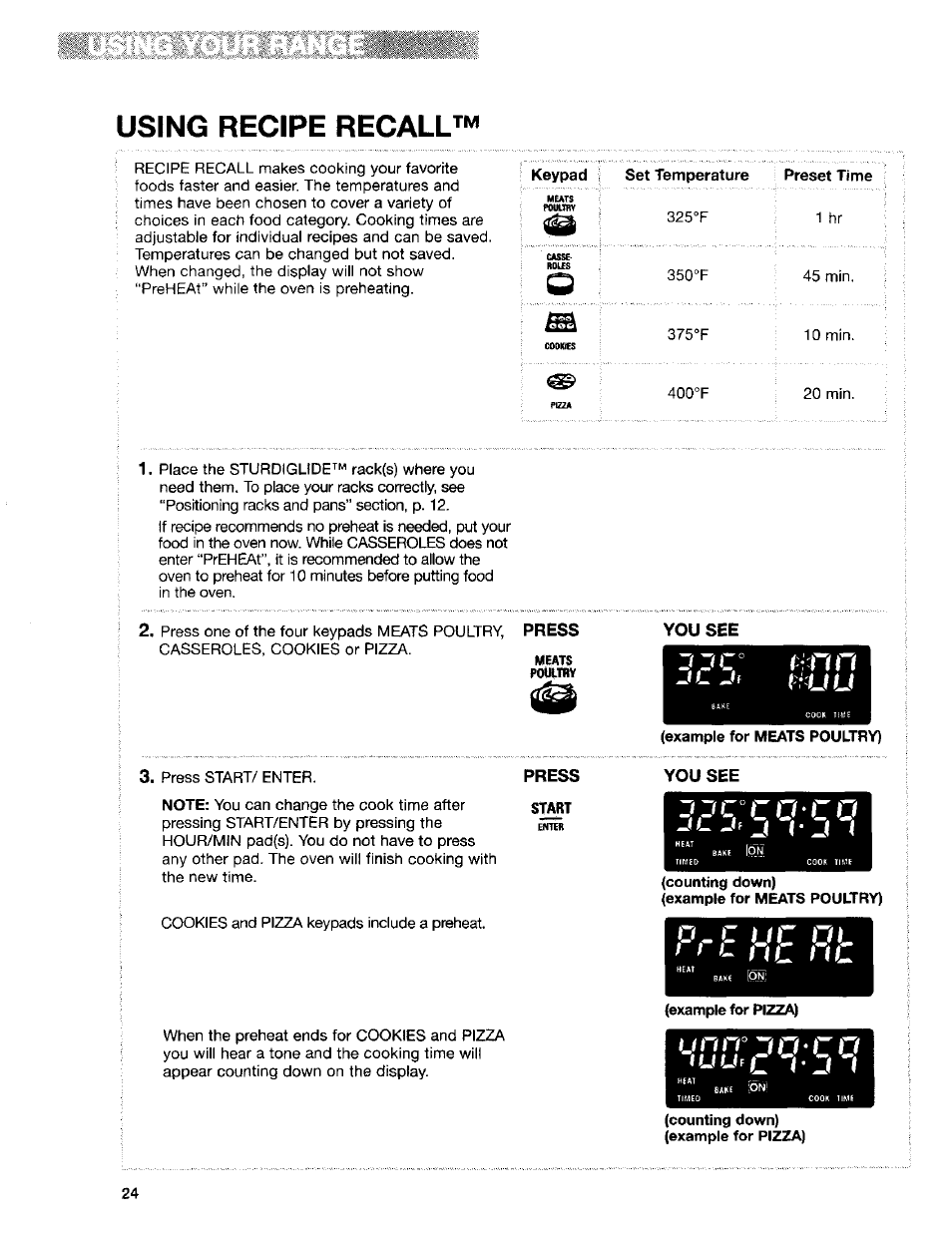 Using recipe recall, Press, Start | Jjccücü, F ftl i (l, Iuu<i_ "iot, P r i - u l ü l, Iuu<i | Kenmore Sens-A-Clean 665.95829 User Manual | Page 24 / 50