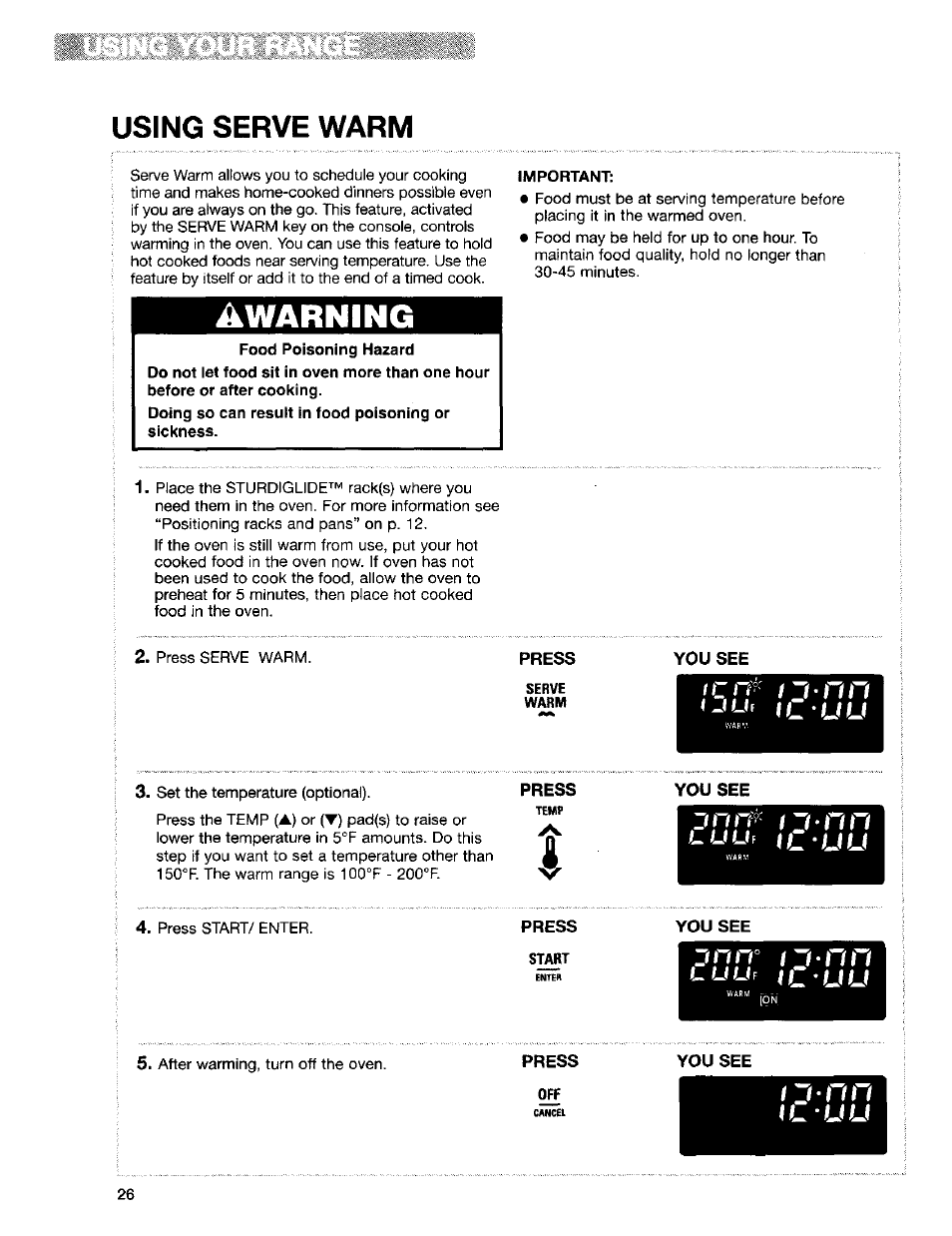 Awarning, Important, Press | Serve, Warm, You see, Lulh iculi, Start, Tj-nn, Tluli | Kenmore Sens-A-Clean 665.95829 User Manual | Page 26 / 50