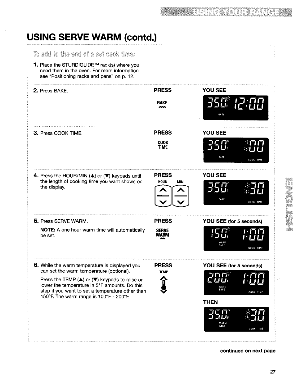 Press, You see, Cj-jp tj nn | Jjlh ìluu, You see (for 5 seconds), Using serve warm (contd.) | Kenmore Sens-A-Clean 665.95829 User Manual | Page 27 / 50