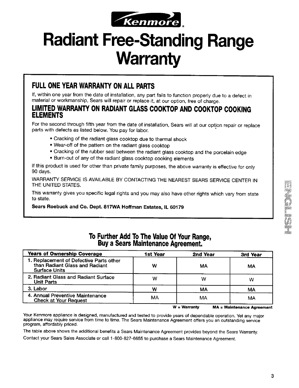Kgnmarg, Radiant free-standing range, Warranty | Radiant free-standing range warranty | Kenmore Sens-A-Clean 665.95829 User Manual | Page 3 / 50