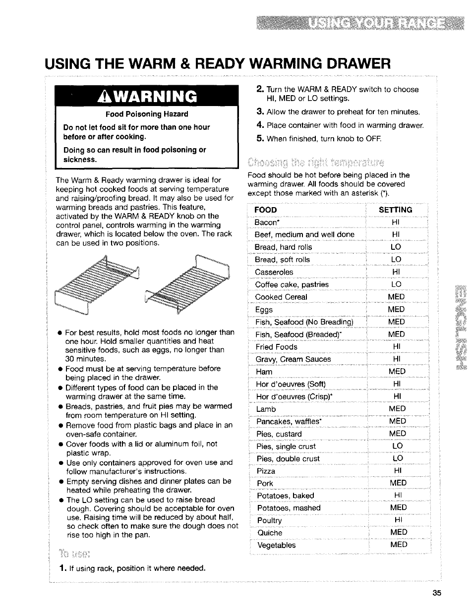 Using the warm & ready warming drawer, Awarning | Kenmore Sens-A-Clean 665.95829 User Manual | Page 35 / 50