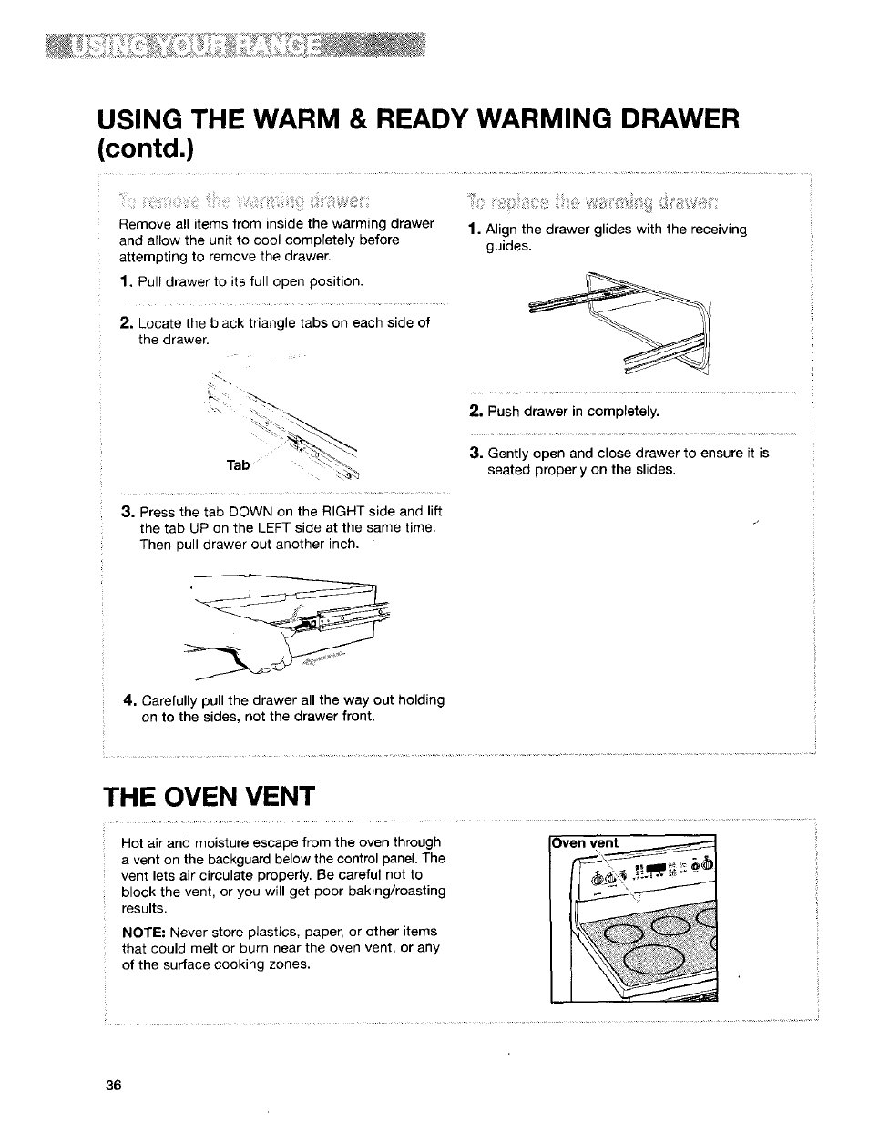 The oven vent, Using the warm & ready warming drawer (contd.) | Kenmore Sens-A-Clean 665.95829 User Manual | Page 36 / 50