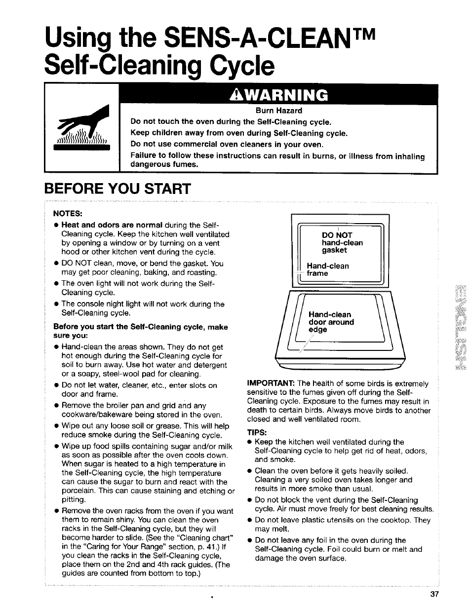 Using the sens-a-clean™ self-cleaning cycle, Warning, Burn hazard | Before you start, Notes, Tips | Kenmore Sens-A-Clean 665.95829 User Manual | Page 37 / 50