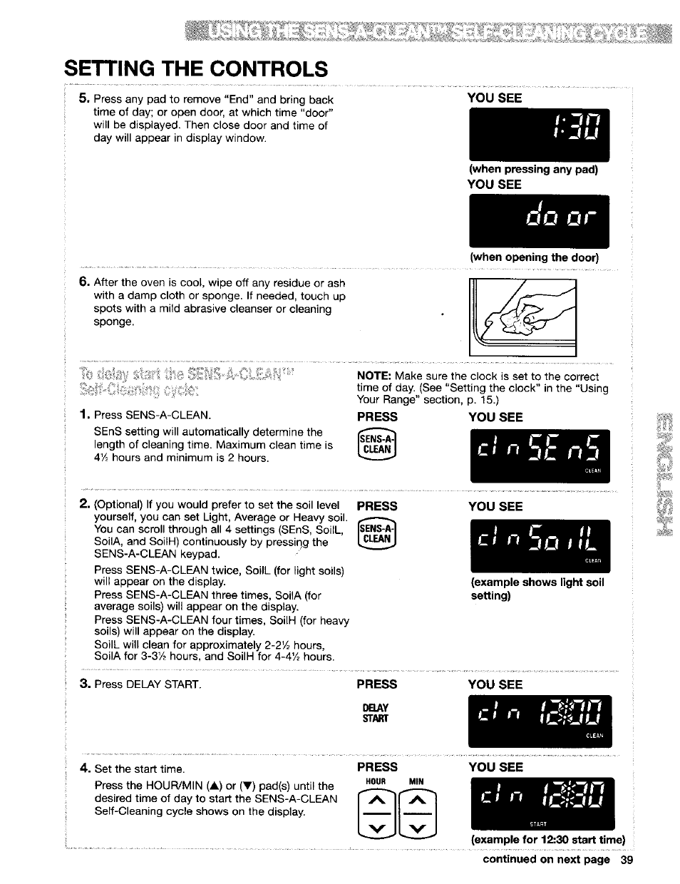 Press you see, Press, Setting the controls | Kenmore Sens-A-Clean 665.95829 User Manual | Page 39 / 50