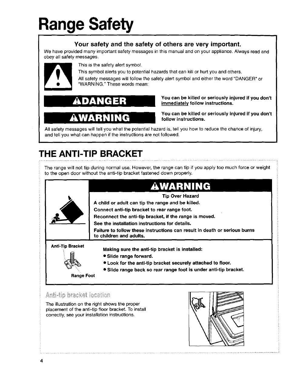 Range safety, Danger, Warning | The anti-tip bracket, Danger ▲warning | Kenmore Sens-A-Clean 665.95829 User Manual | Page 4 / 50