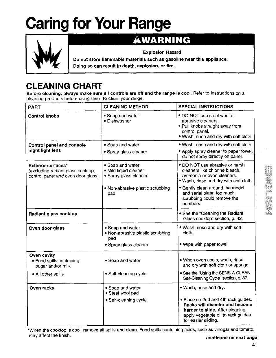 Caring for your range, Warning, Explosion hazard | Cleaning chart | Kenmore Sens-A-Clean 665.95829 User Manual | Page 41 / 50