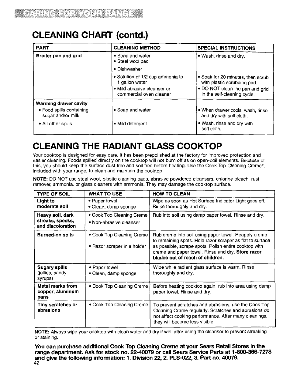 Cleaning chart (contd.), Cleaning the radiant glass cooktop | Kenmore Sens-A-Clean 665.95829 User Manual | Page 42 / 50