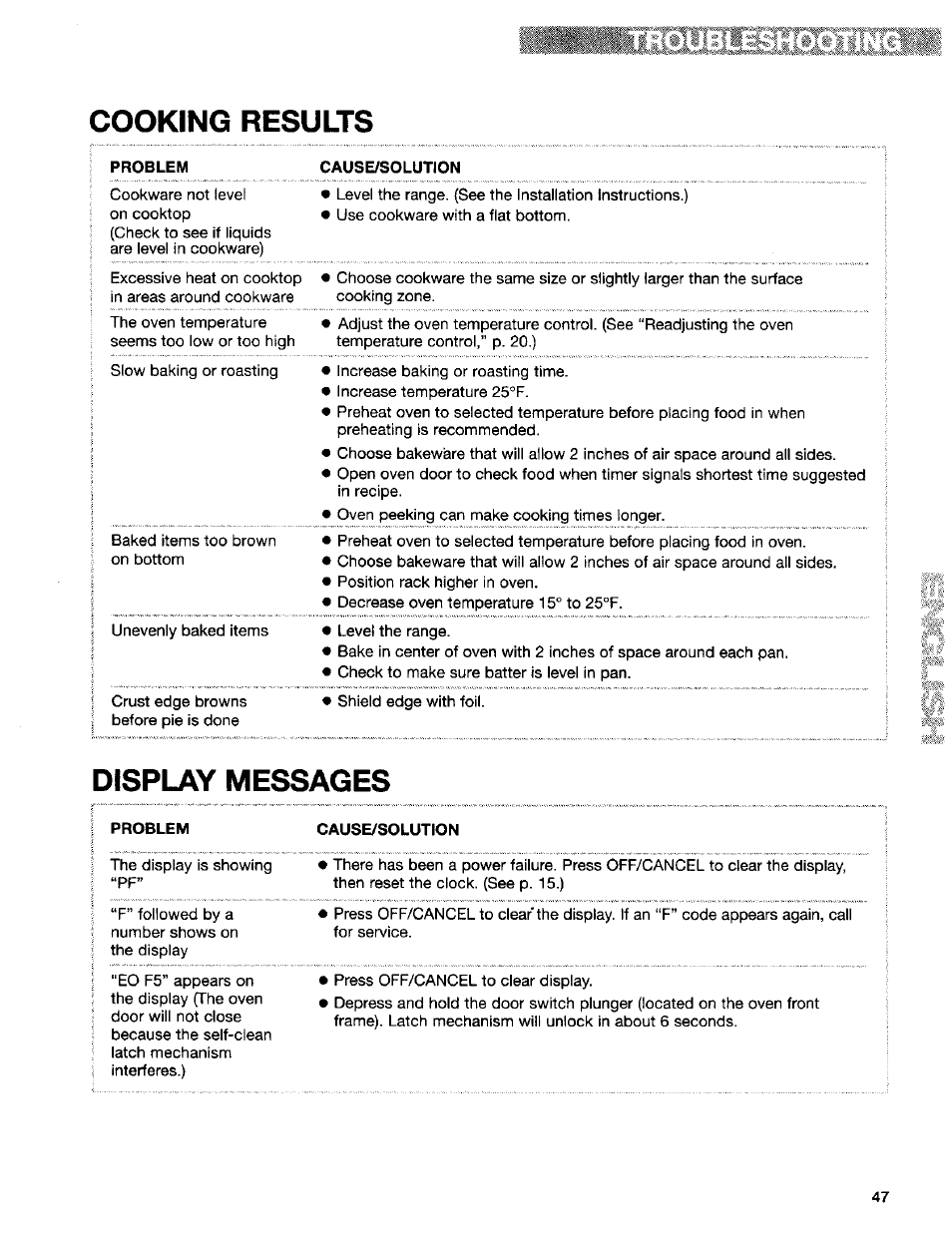 Cooking results, Problem, Cause/solution | Display messages | Kenmore Sens-A-Clean 665.95829 User Manual | Page 47 / 50