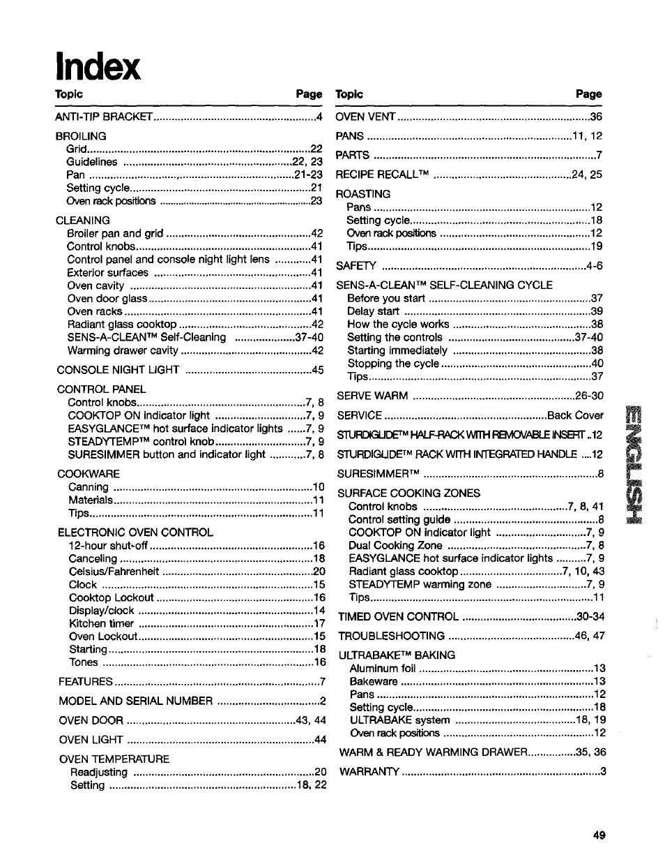 Index | Kenmore Sens-A-Clean 665.95829 User Manual | Page 49 / 50