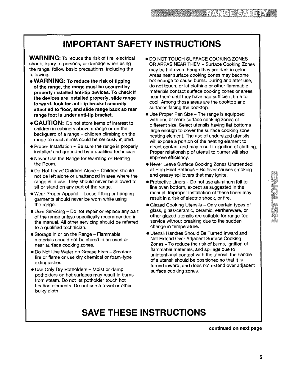 Important safety instructions, Save these instructions, Warning | Continued on next page | Kenmore Sens-A-Clean 665.95829 User Manual | Page 5 / 50