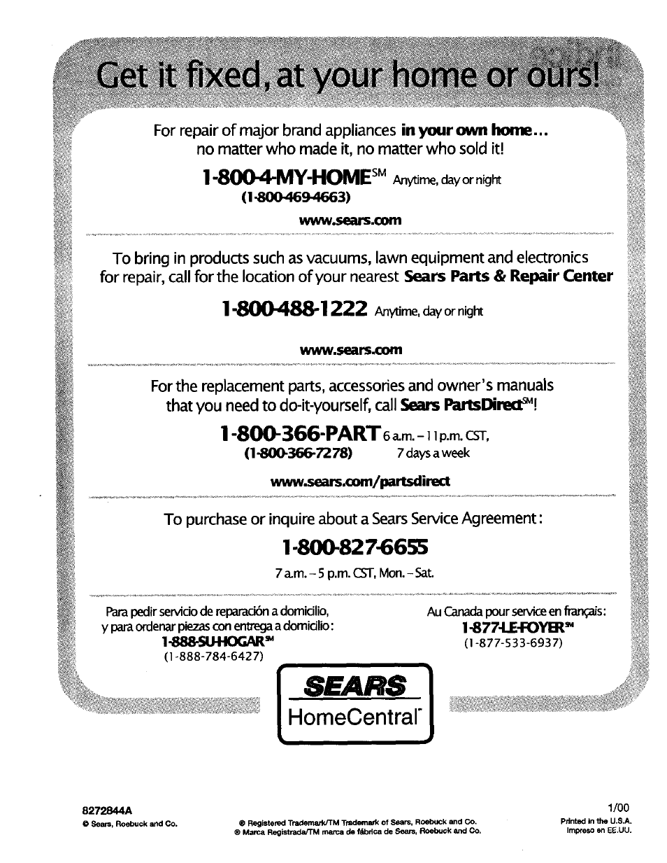 Get it fixed, at your home or ours, 80q4-my-home, Sears parts & repair center | Kenmore Sens-A-Clean 665.95829 User Manual | Page 50 / 50