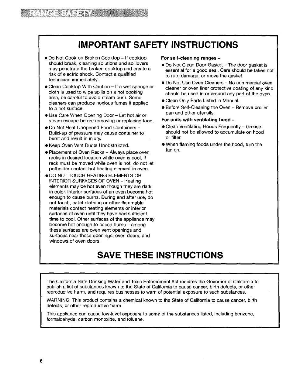 Important safety instructions, For self-cleaning ranges, Save these instructions | Kenmore Sens-A-Clean 665.95829 User Manual | Page 6 / 50