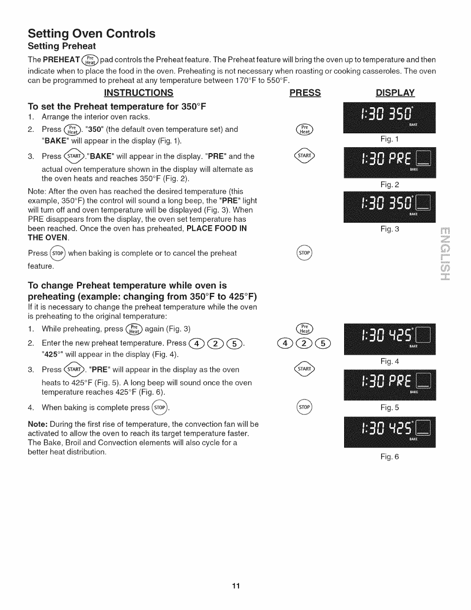 Instructions, To set the preheat temperature for 350°f, Press | Display, 30 pi, 30 m35, Setting oven controls | Kenmore 790.4802 User Manual | Page 11 / 36