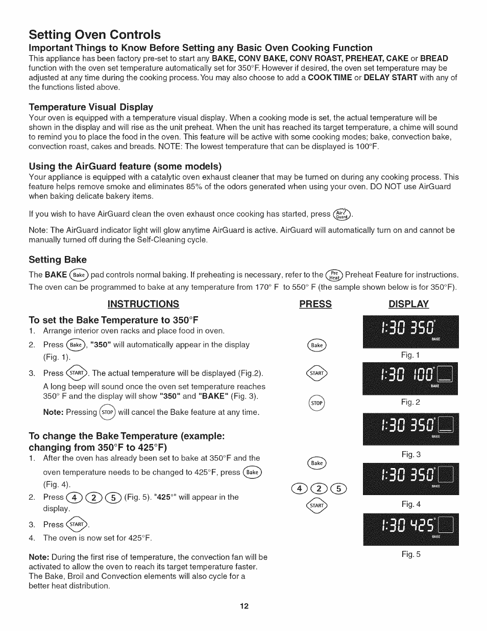 Temperature visual display, Using the airguard feature (some models), Setting bake | Instructions, To set the bake temperature to 350°f, Press, Display, Setting oven controls | Kenmore 790.4802 User Manual | Page 12 / 36