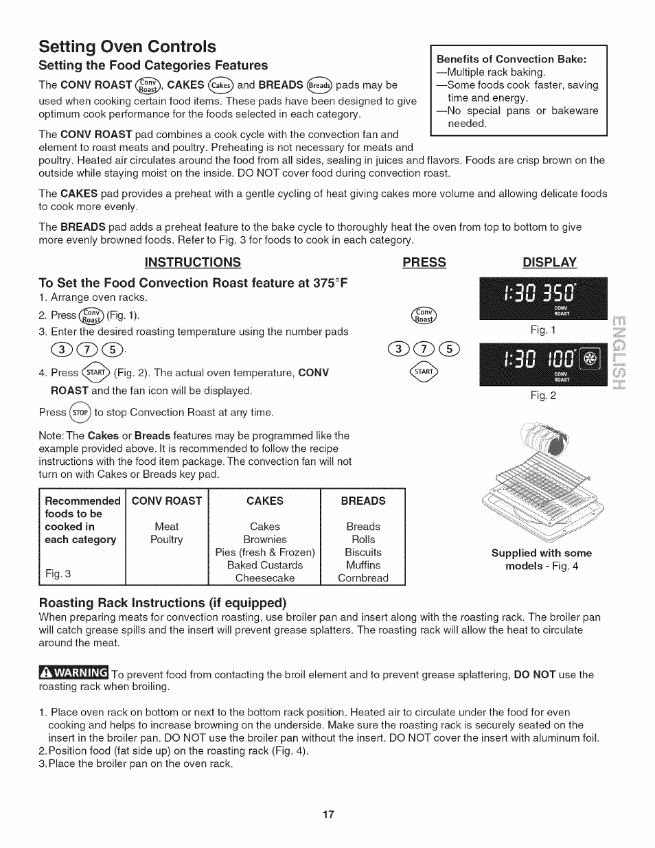 Instructions, To set the food convection roast feature at 375°f, Press | Display, Supplied with some models - fig. 4, Roasting rack instructions (if equipped), Setting oven controls | Kenmore 790.4802 User Manual | Page 17 / 36