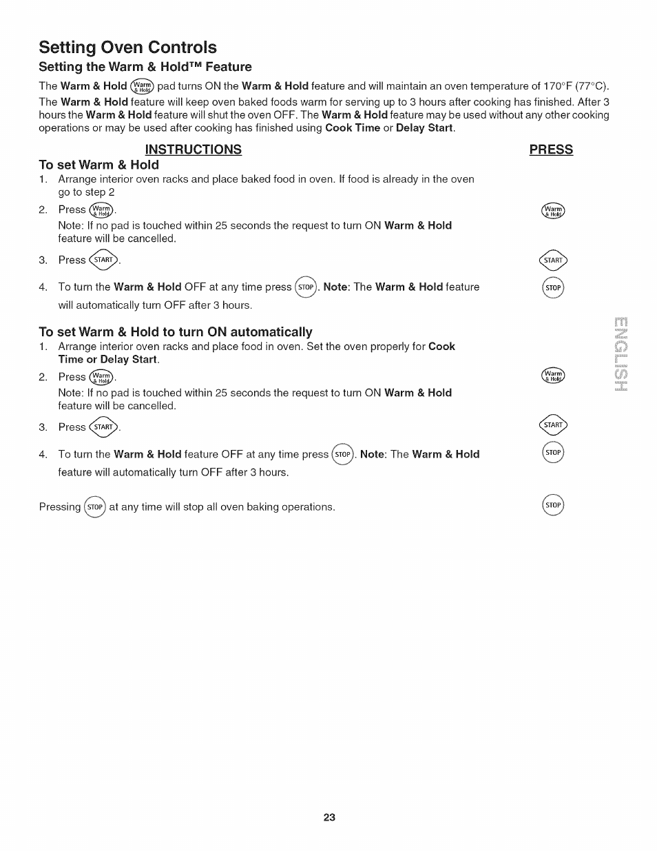 Instructions to set warm & hold, To set warm & hold to turn on automatically, Setting oven controls | Kenmore 790.4802 User Manual | Page 23 / 36