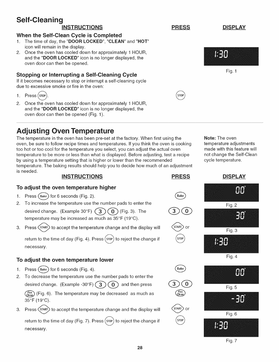 Stopping or interrupting a self-cleaning cycle, Press, Display | Adjusting oven temperature, Instructions press, To adjust the oven temperature higher, To adjust the oven temperature lower, Adjusting the oven temperature, Seif-cleaning | Kenmore 790.4802 User Manual | Page 28 / 36
