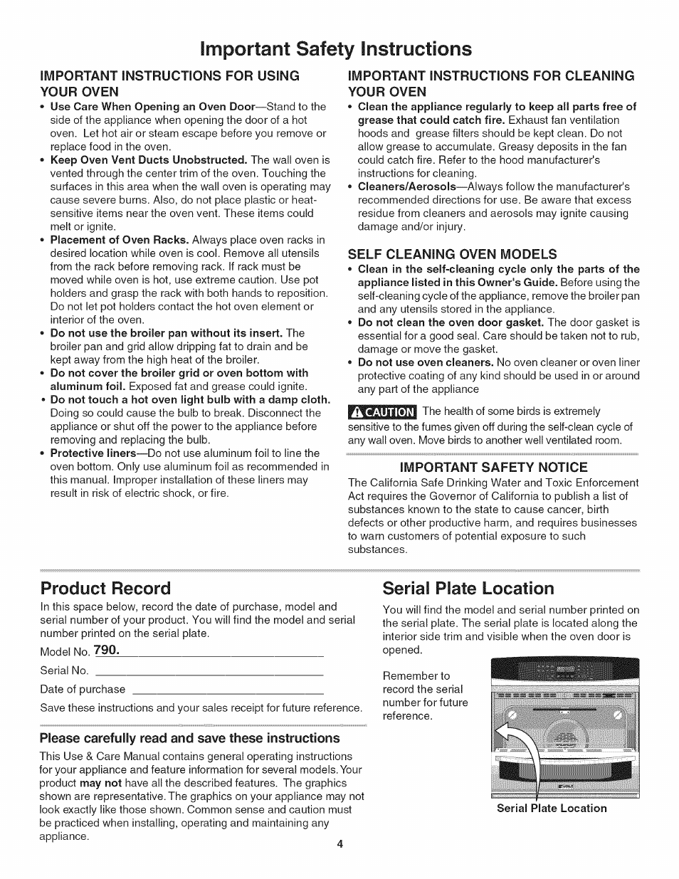 Important instructions for cleaning your oven, Self cleaning oven models, Important safety notice | Product record, Please carefully read and save these instructions, Serial plate location, Product record serial plate location, Important safety instructions | Kenmore 790.4802 User Manual | Page 4 / 36