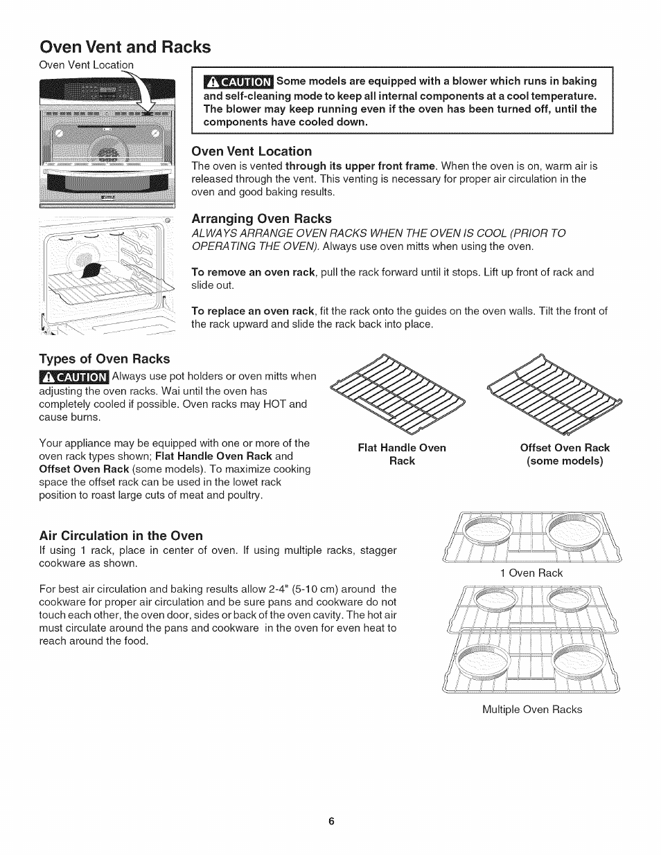 Â caution, Oven vent location, Arranging oven racks | Types of oven racks, Air circulation in the oven, Flat handle oven rack, Oven vent and racks | Kenmore 790.4802 User Manual | Page 6 / 36