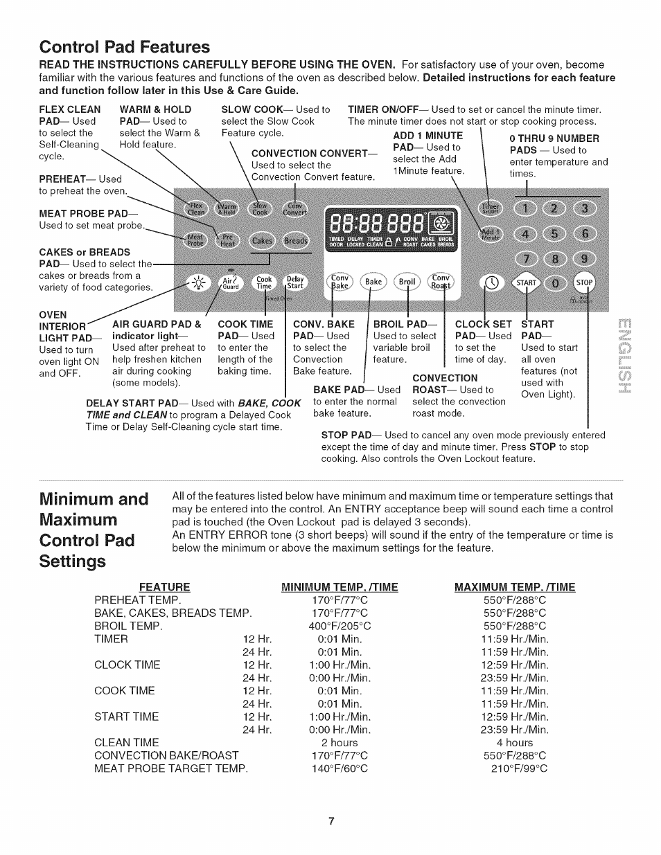 Warm & hold, Meat probe pad, Cakes or breads | Convection convert, Air guard pad & indicator light, Broil pad, Start, Control pad features, Minimum and maximum control pad settings | Kenmore 790.4802 User Manual | Page 7 / 36