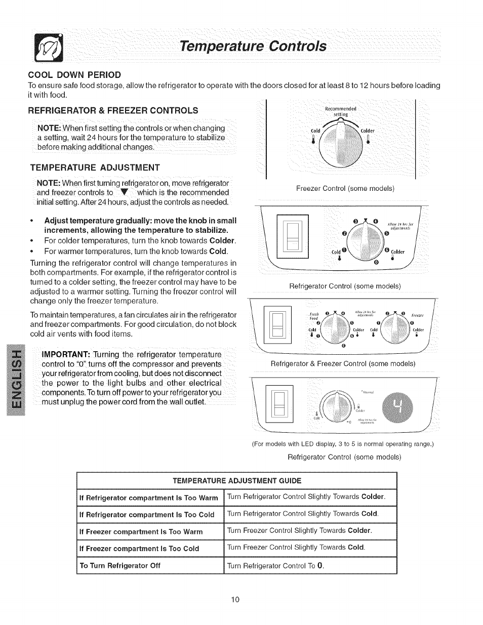 Refrigerator & freezer controls, Temperature adjustment | Kenmore 241858201 User Manual | Page 10 / 21