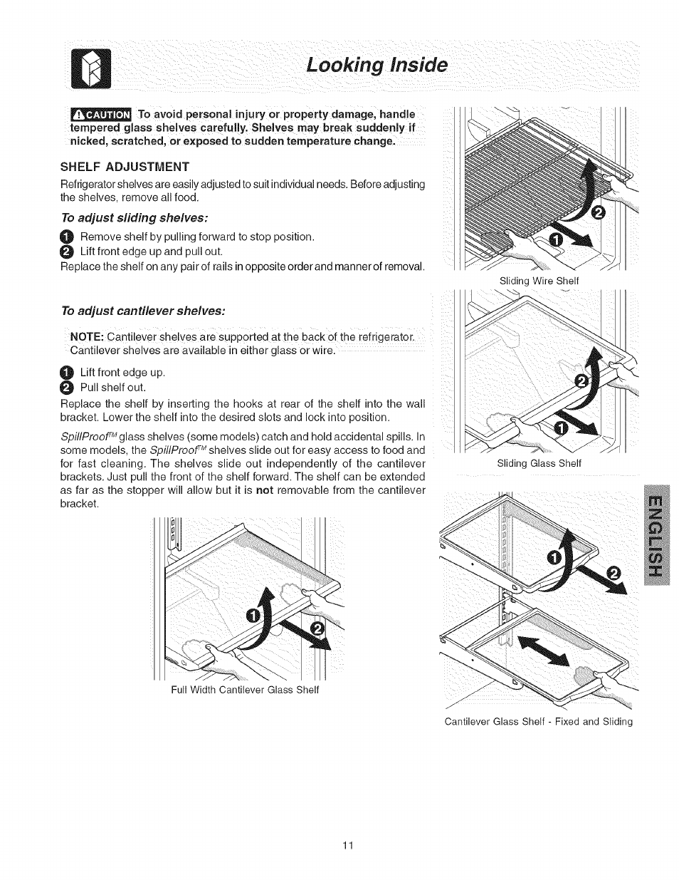 To adjust sliding shelves, To adjust cantilever shelves, Loomng inside | Kenmore 241858201 User Manual | Page 11 / 21