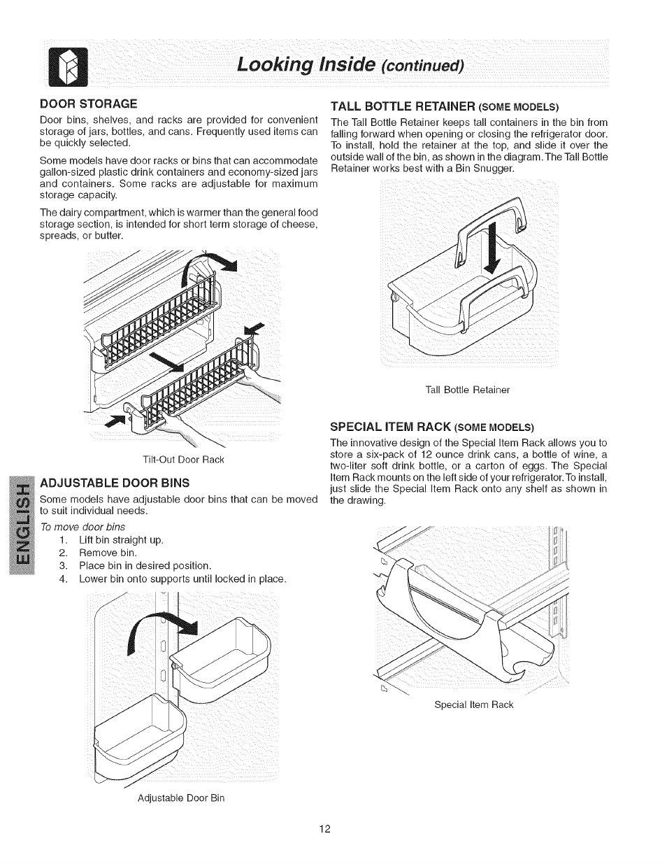 Tall bottle retainer (some models), Adjustable door bins, Special item rack (some models) | Looking'inside, Continued) | Kenmore 241858201 User Manual | Page 12 / 21
