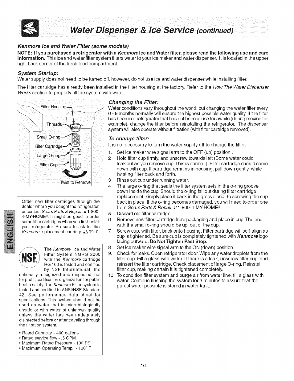 Kenmore ice and water filter (some models), System startup, Changing the filter | To change filter, Wafer/d/speiiser, Continued) | Kenmore 241858201 User Manual | Page 16 / 21